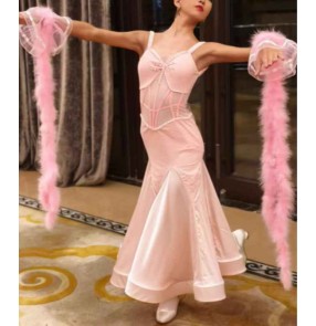 Girls kids pink purple feather competition ballroom dance dresses children waltz tango rhythm ballroom dancing wear 